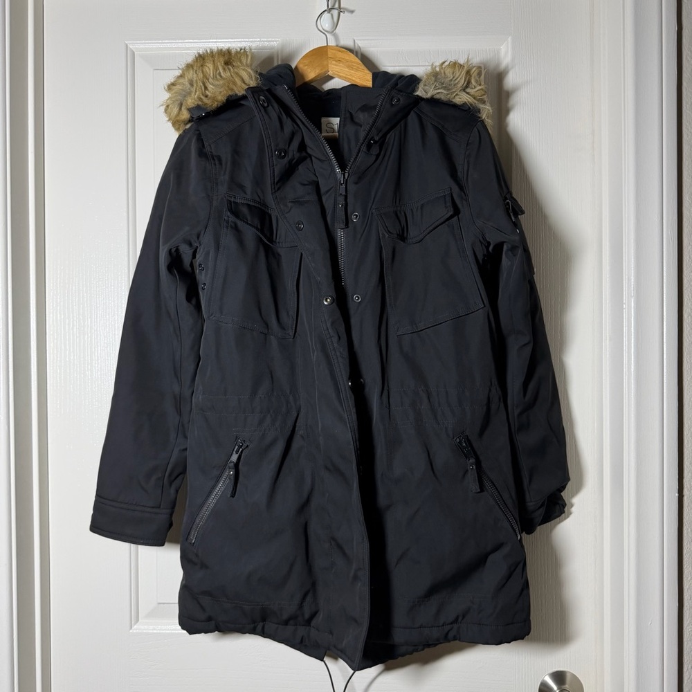 S13 Black Parka Anorak Coat Jacket with Faux Fur Hood Size Small S Neutral Warm